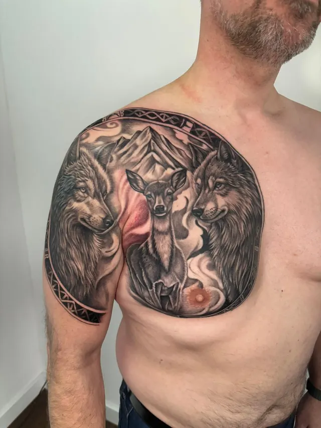 Realism chest-piece tattoo with two wolves, a deer and mountains